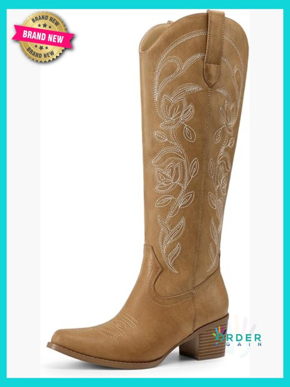 Womens Cowboy Boots Western Chunky Heel Square Toe Embroidered Cowgirl Knee